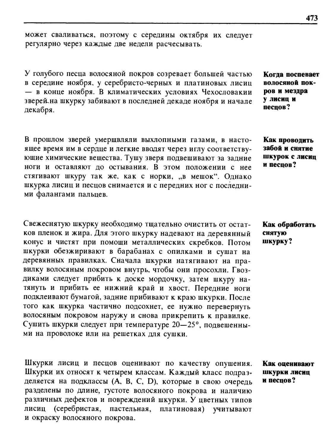 Когда поспевает волосяной покров и мездра у лисиц и песцов?
Как проводить забой и снятие шкурок с лисиц и песцов?
Как обработать снятую шкурку?
Как оценивают шкурки лисиц и песцов?