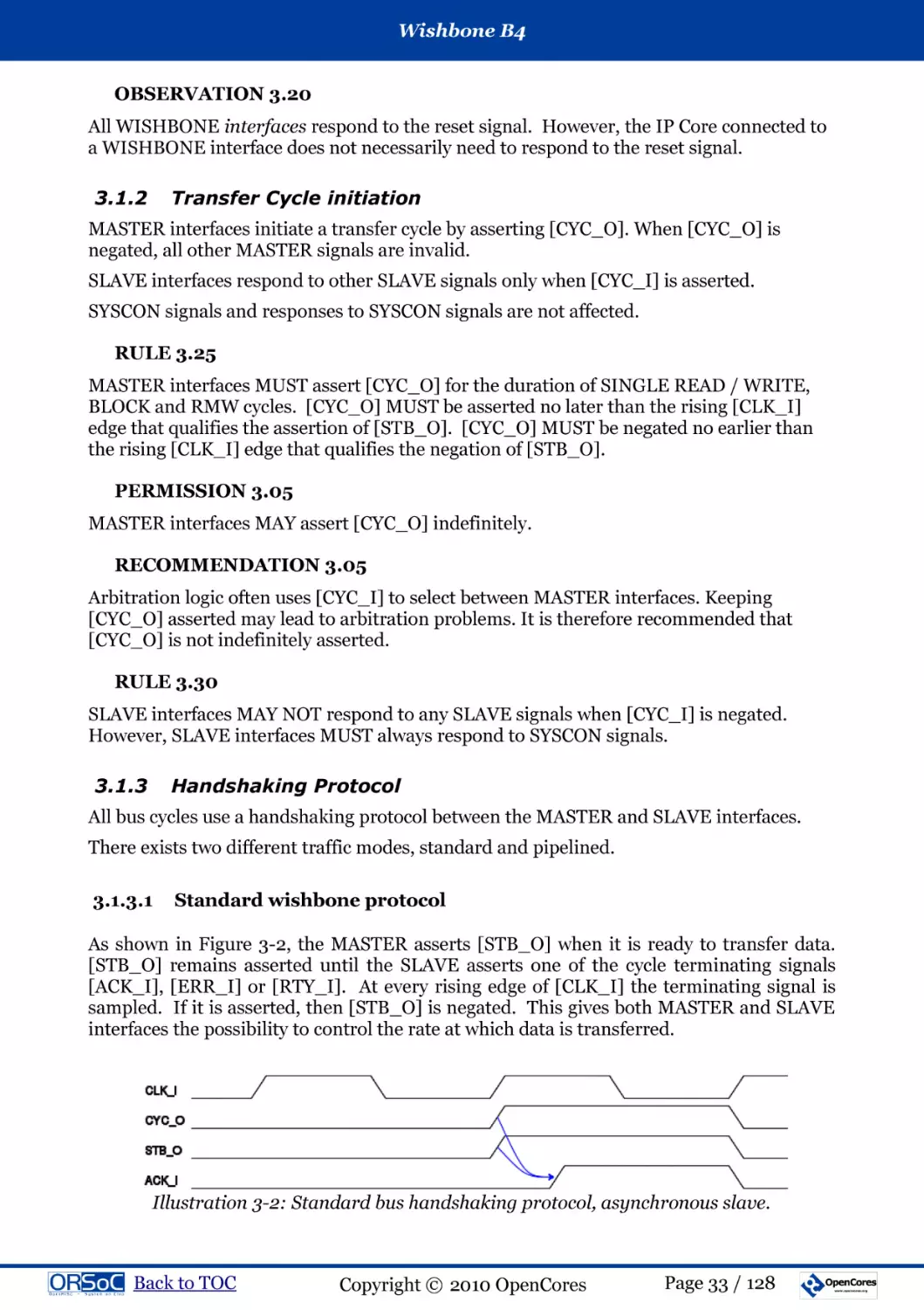 OBSERVATION 3.20
3.1.2  Transfer Cycle initiation
RULE 3.25
PERMISSION 3.05
RECOMMENDATION 3.05
RULE 3.30
3.1.3  Handshaking Protocol
3.1.3.1  Standard wishbone protocol