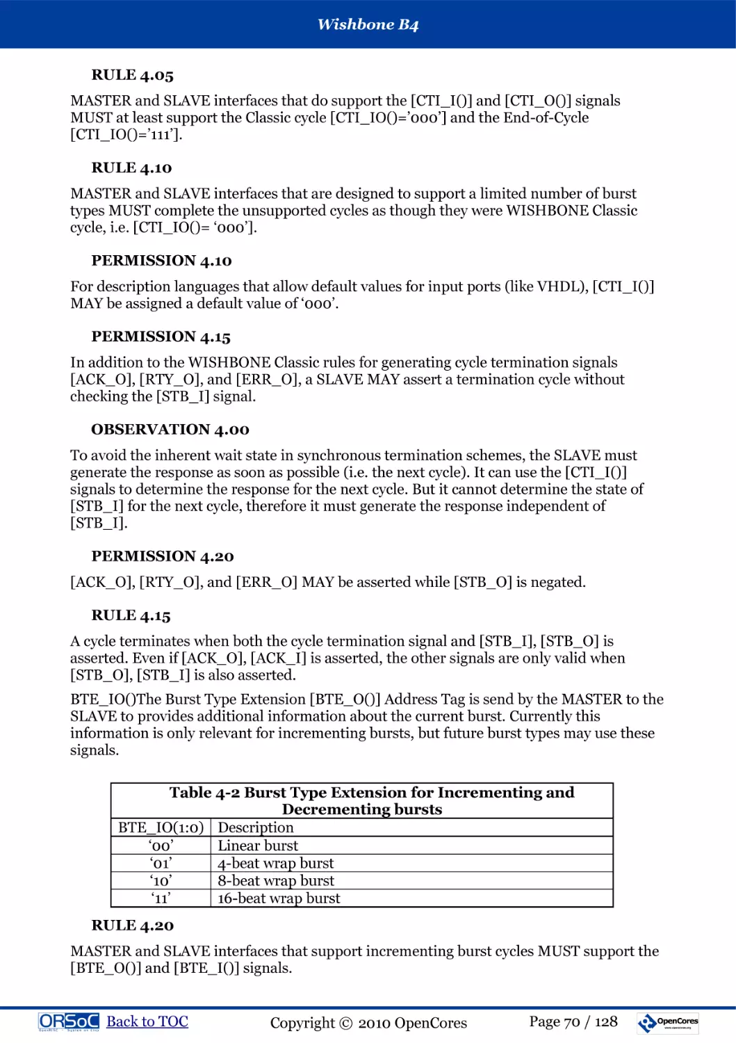 RULE 4.05
RULE 4.10
PERMISSION 4.10
PERMISSION 4.15
OBSERVATION 4.00
PERMISSION 4.20
RULE 4.15
Table 4-2 Burst Type Extension for Incrementing and Decrementing bursts
RULE 4.20