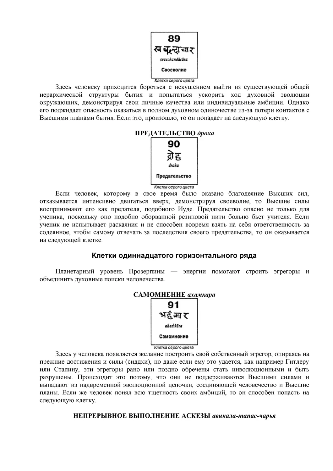 ПРЕДАТЕЛЬСТВО дроха
Клетки одиннадцатого горизонтального ряда
САМОМНЕНИЕ ахамкара
НЕПРЕРЫВНОЕ ВЫПОЛНЕНИЕ АСКЕЗЫ авикала-тапас-чарья