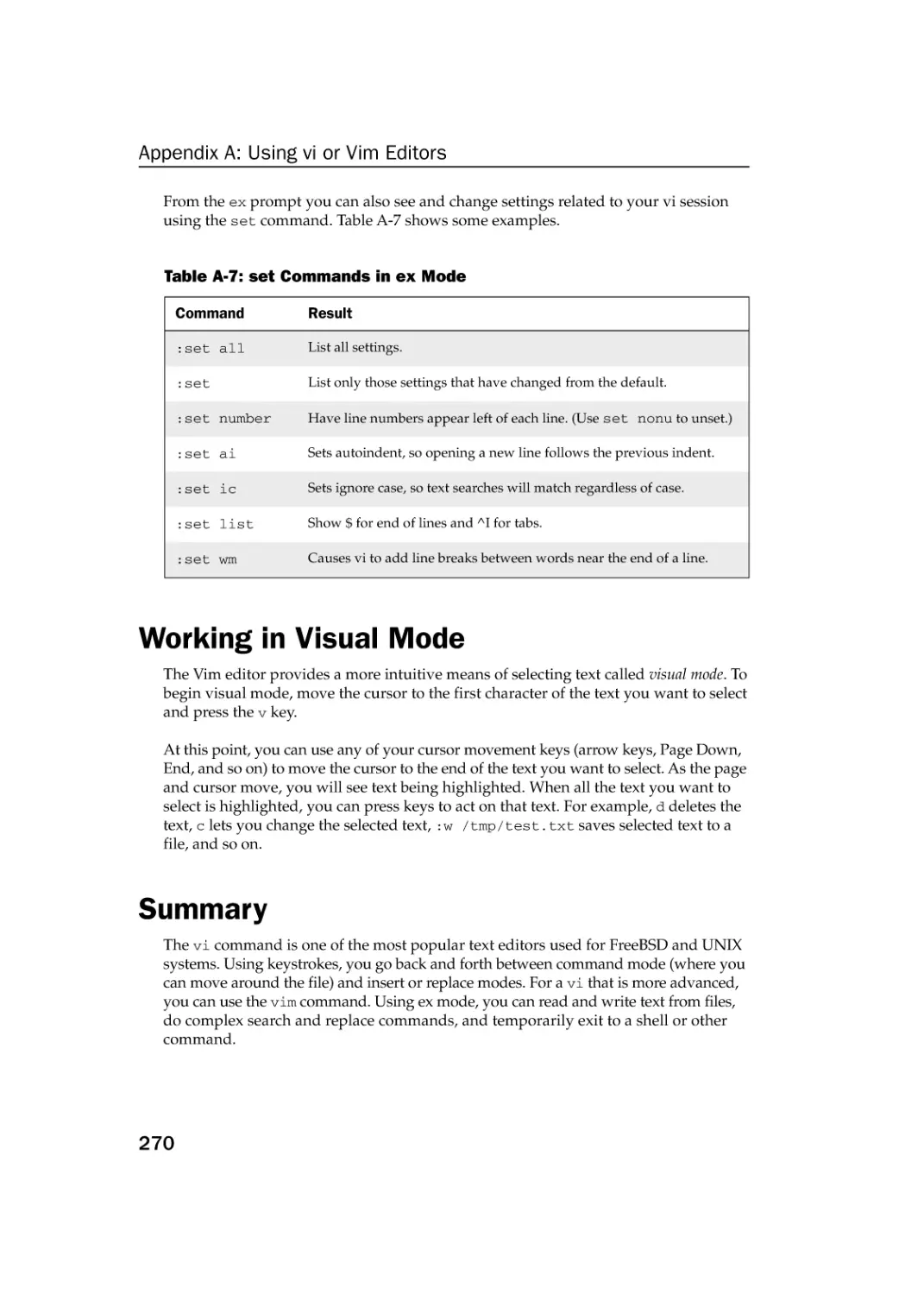 Working in Visual Mode
Summary