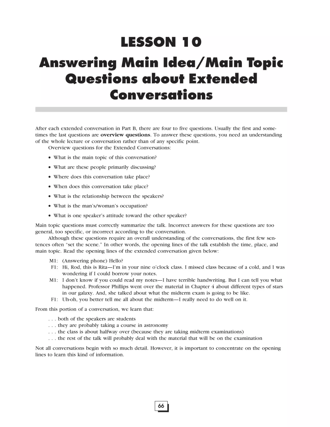 Lesson 10. Answering Main Idea/Main Topic Questions about Extended Conversations. . . . . . . . . . . . . . . . . . . . . . . . . . . .