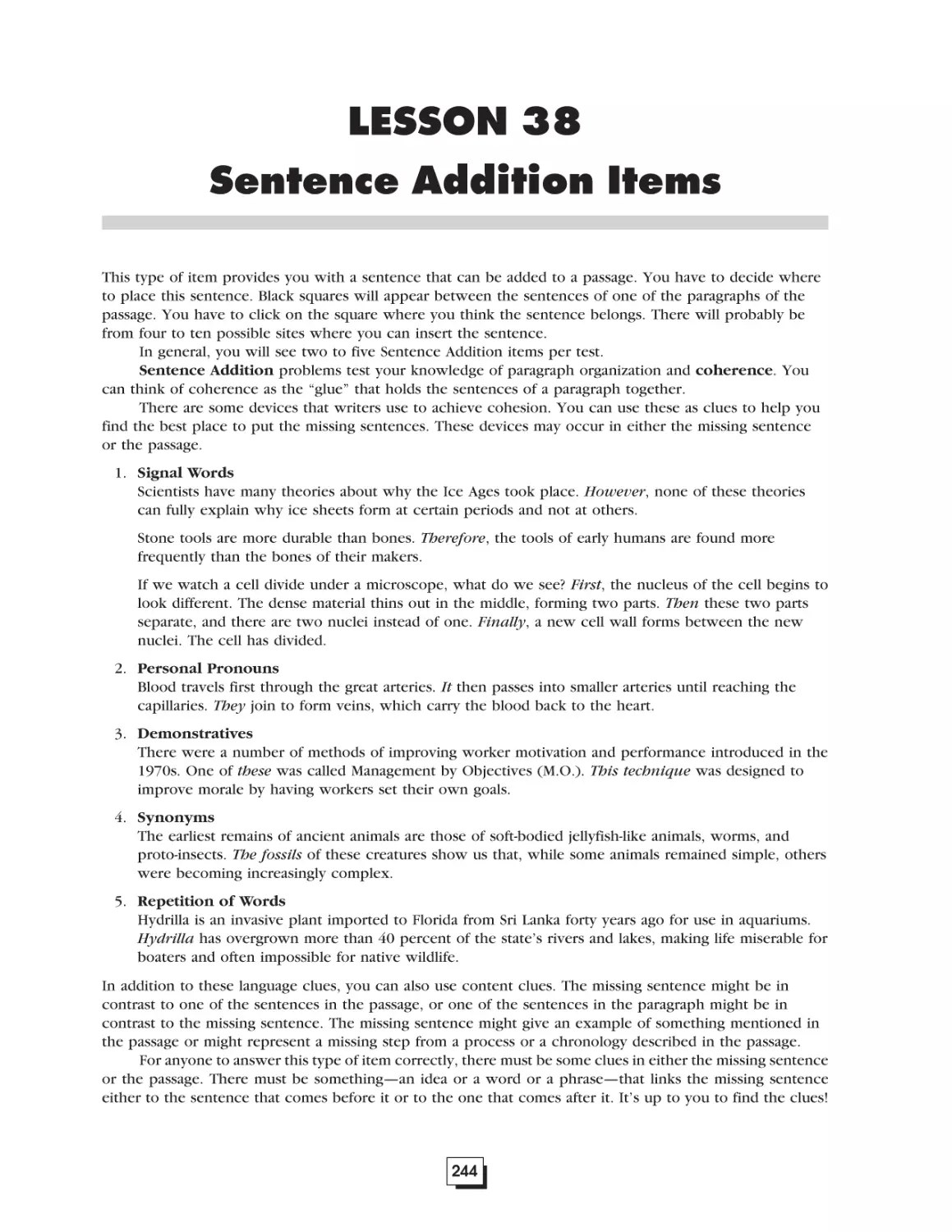 Lesson 38.  Sentence Addition Items. . . . . . . . . . . . . . . . . . . . . . . . . . . .