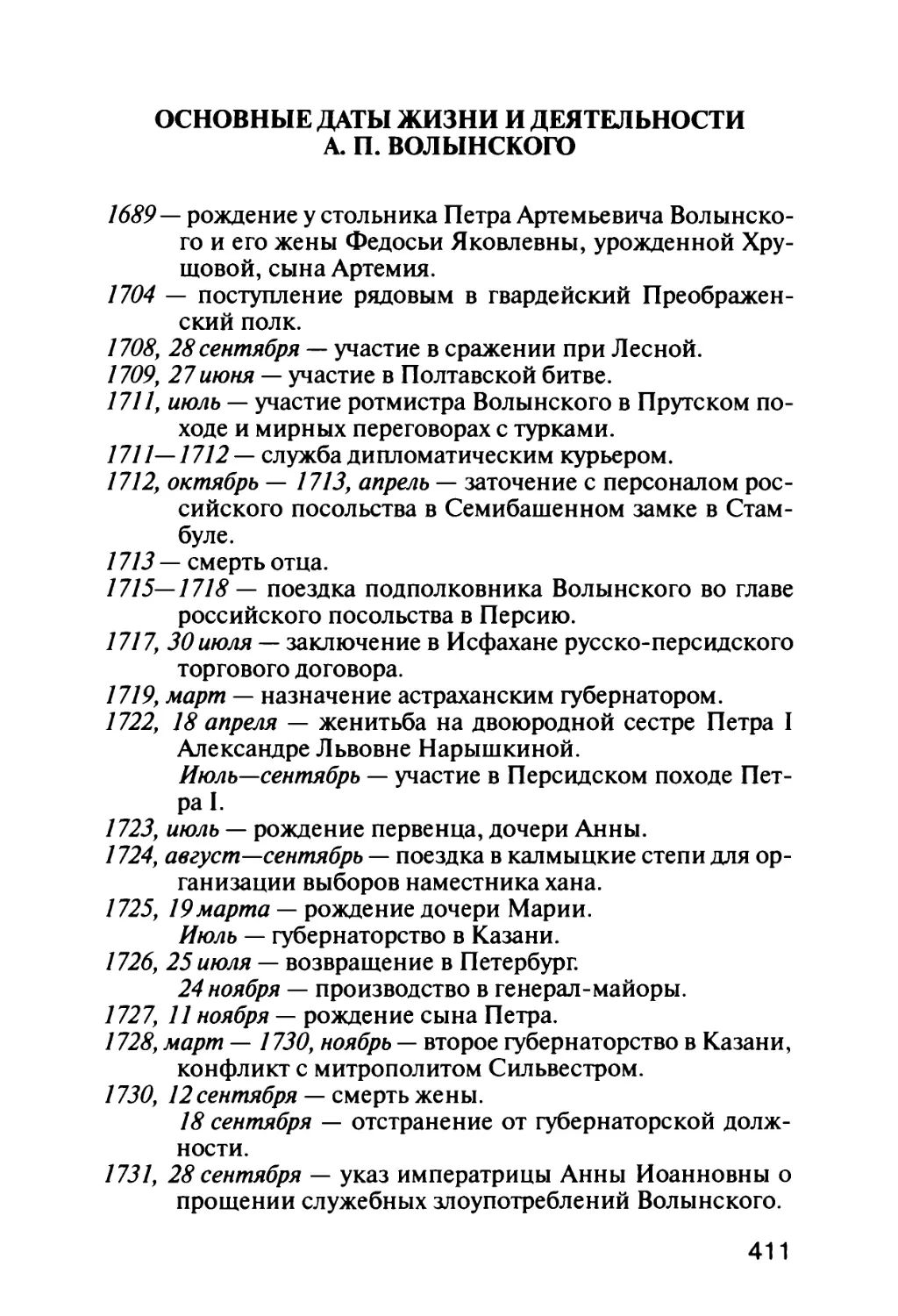 Основные даты жизнии деятельности А. П. Волынского