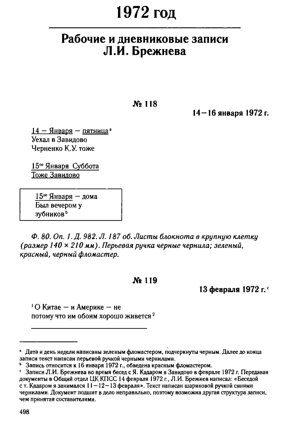 Рабочие и дневниковые записи Л.И. Брежнева. 1972 год