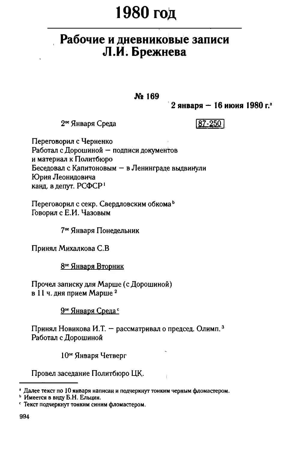 Рабочие и дневниковые записи Л.И. Брежнева. 1980 год
