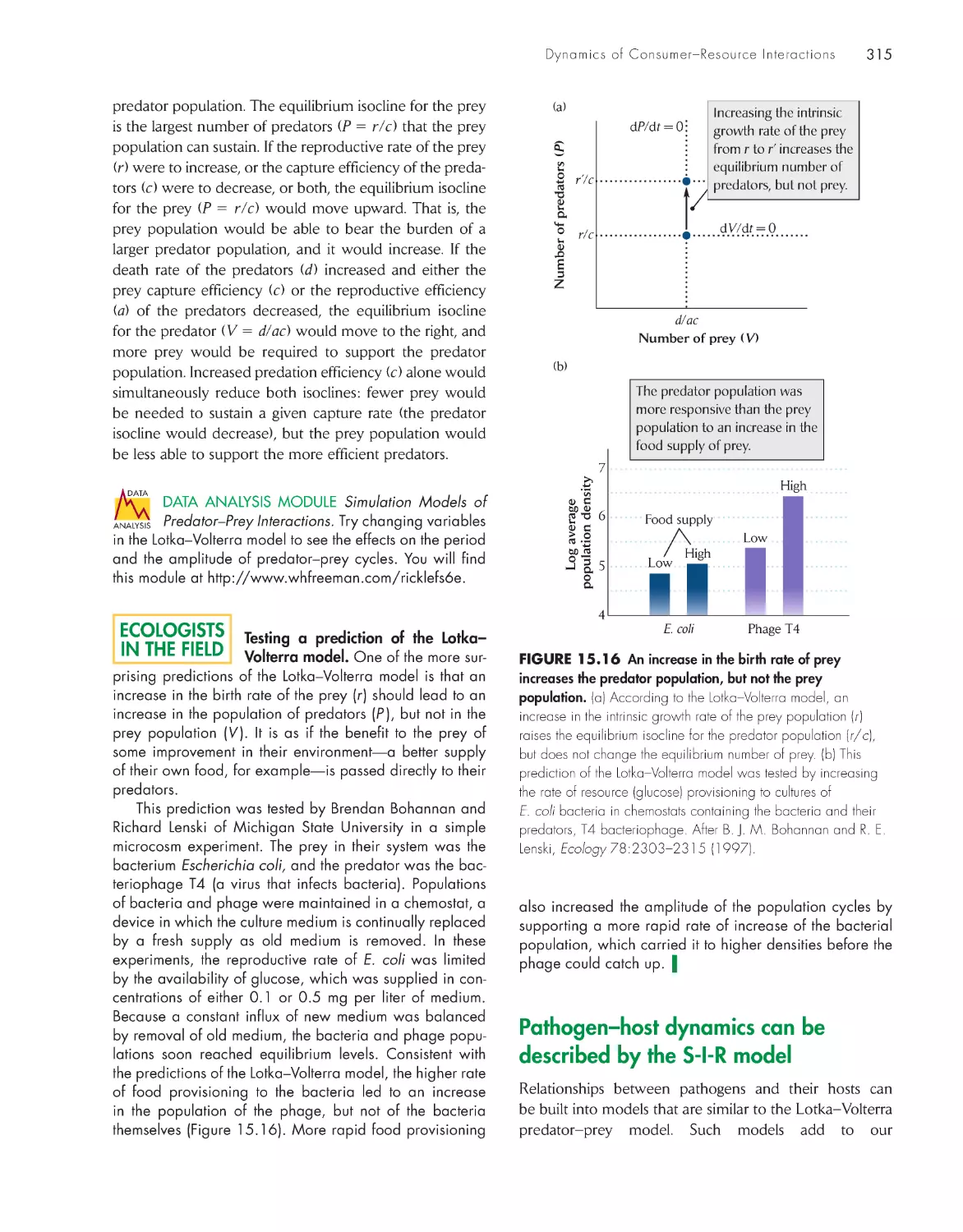 Pathogen–host dynamics can be described by the S-I-R model
Ecologists in the Field: Testing a prediction of the Lotka–Volterra model.