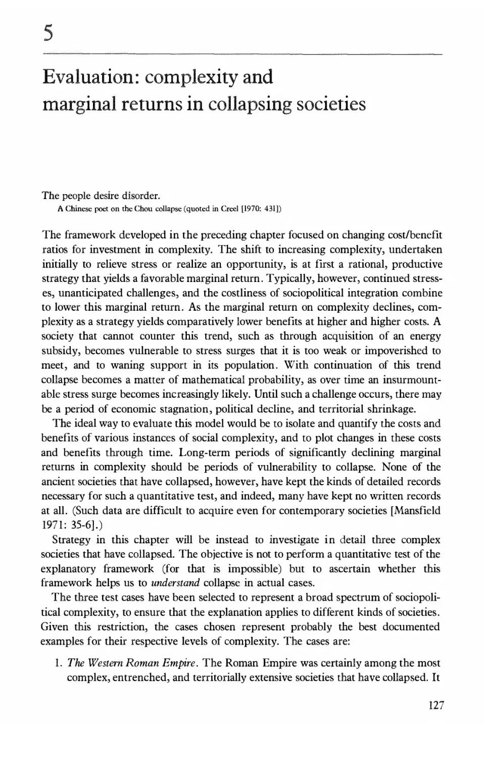 5. Evaluation: complexity and marginal returns in collapsing societies