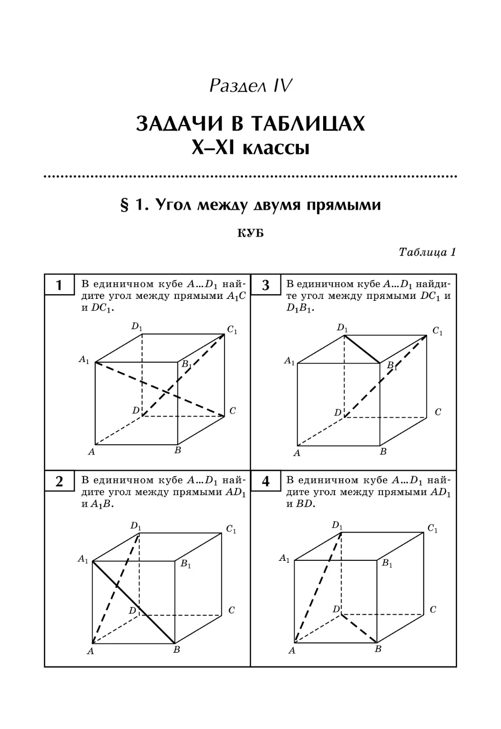 Раздел IV. Задачи в таблицах
X–XI классы
§ 1. Угол между двумя прямыми
Таблица 1. Куб