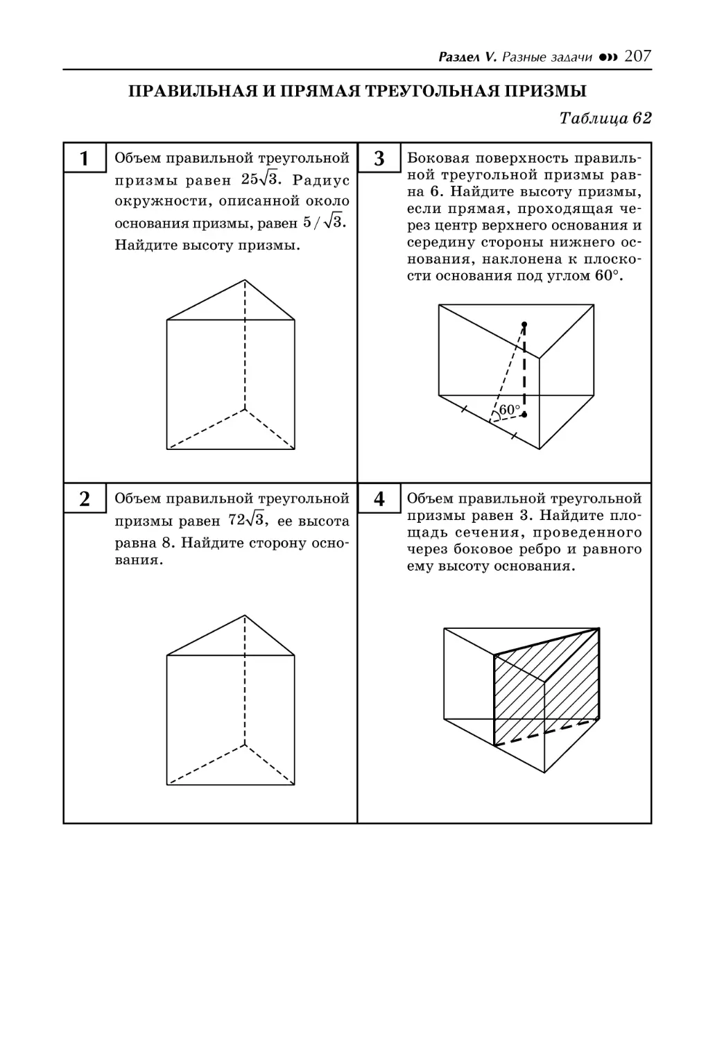 Таблица 62. Правильная и прямая треугольная призмы