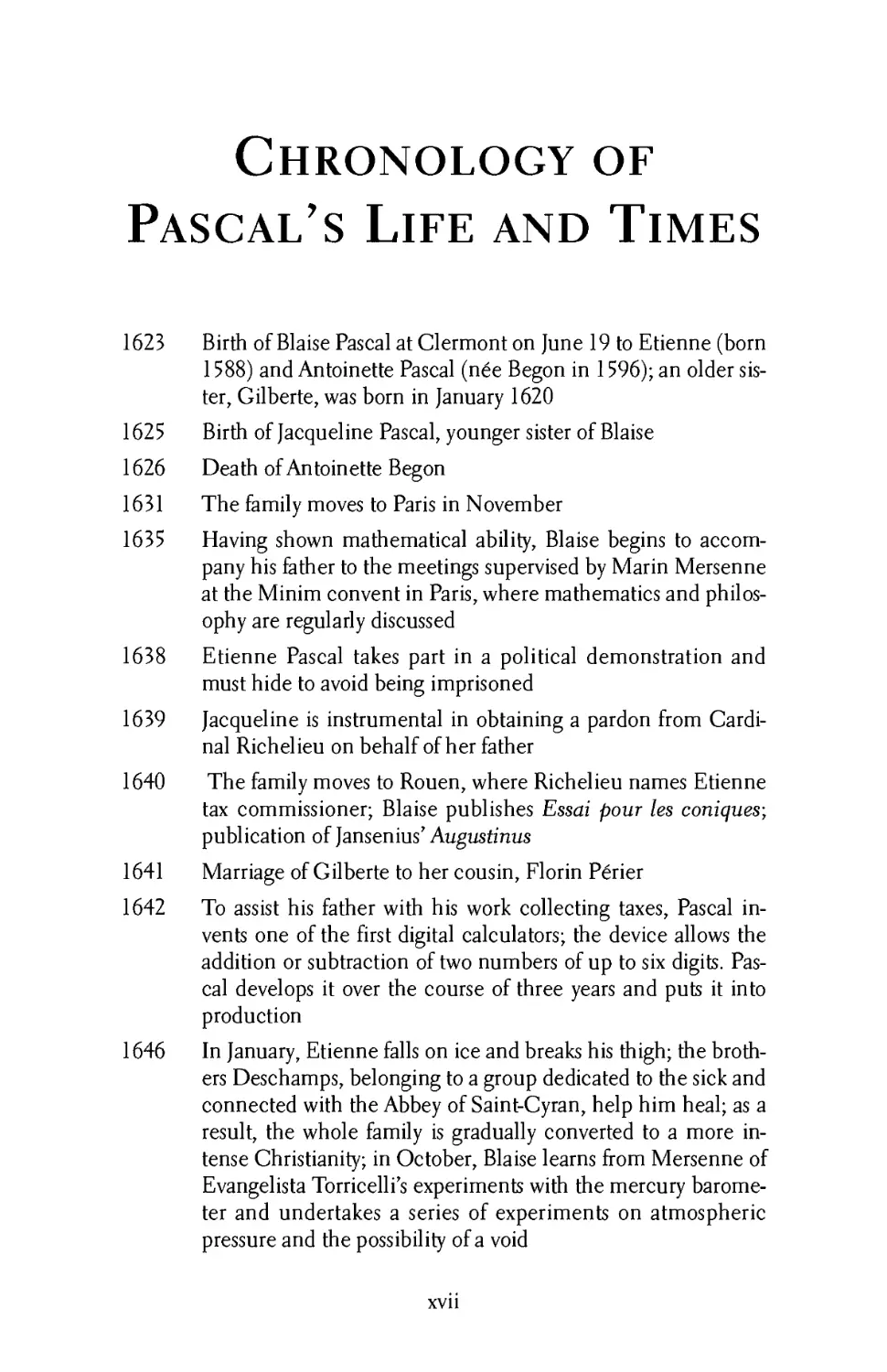 Chronology of Pascal's Life and Times