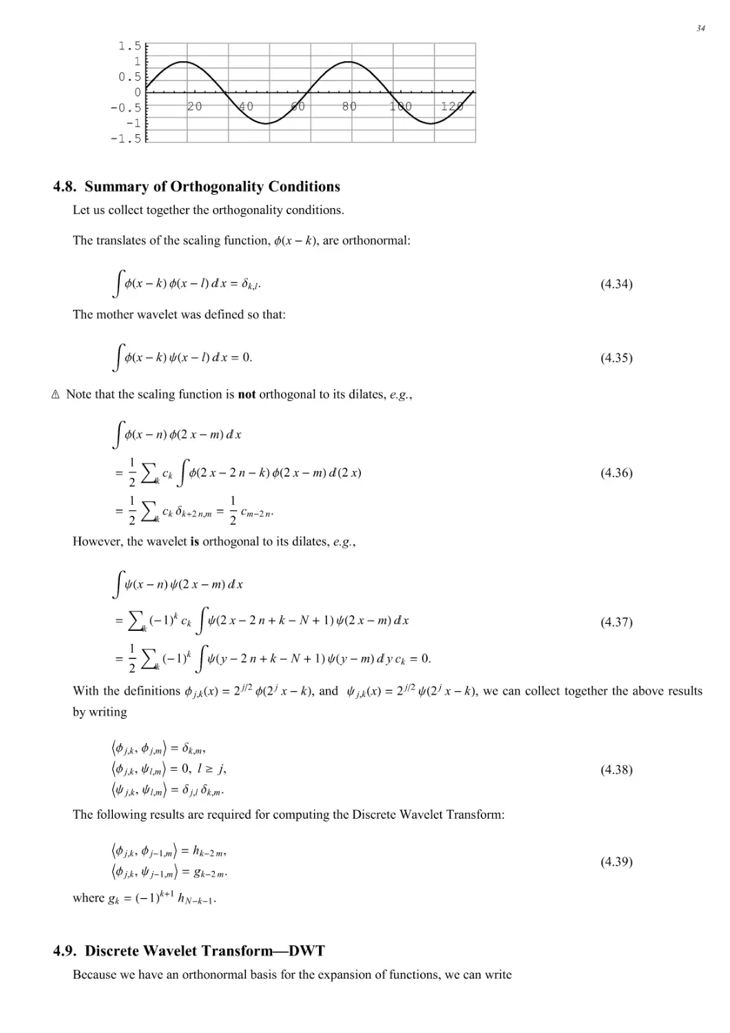 4.8. Summary of Orthogonality Conditions
4.9. Discrete Wavelet Transform—DWT