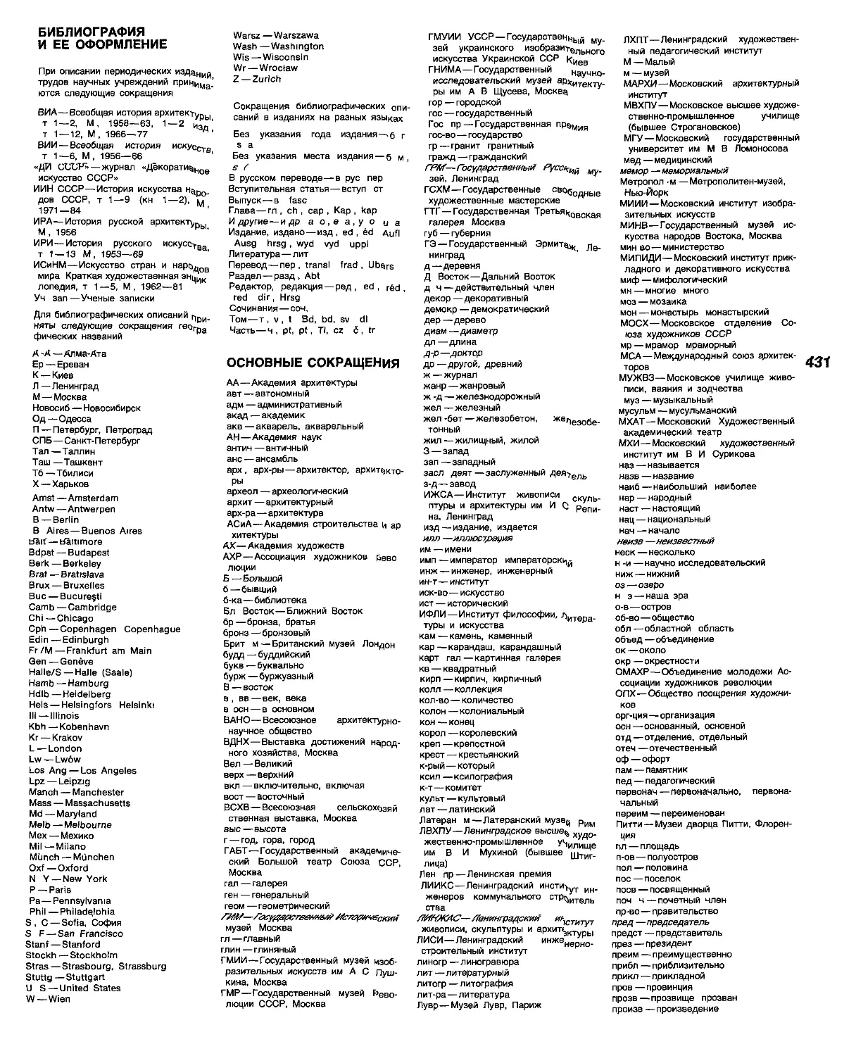 Библиография и ее оформление
Основные сокращения