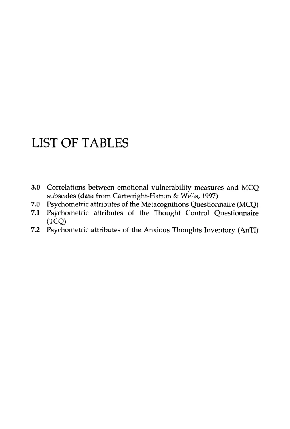 List of Tables