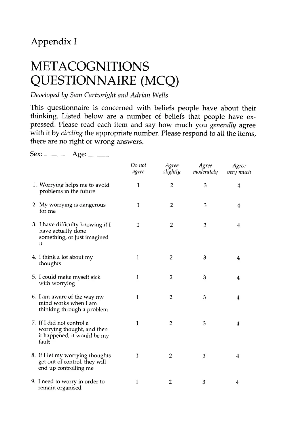 I. Metacognitions Questionnaire (MCQ)