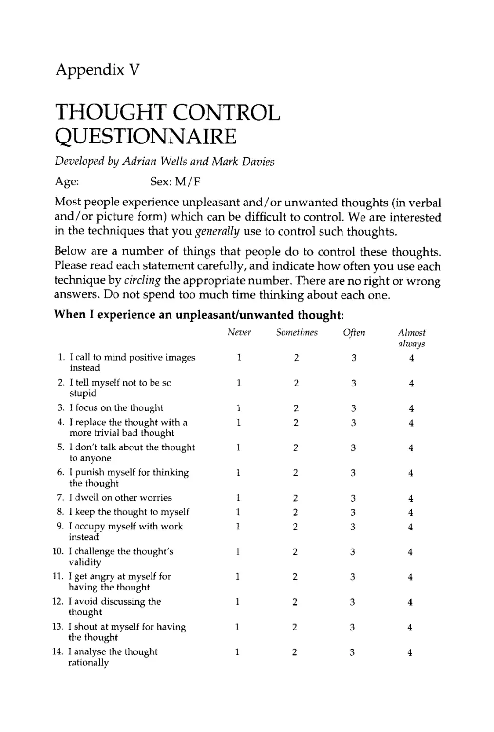 V. Thought Control Questionnaire