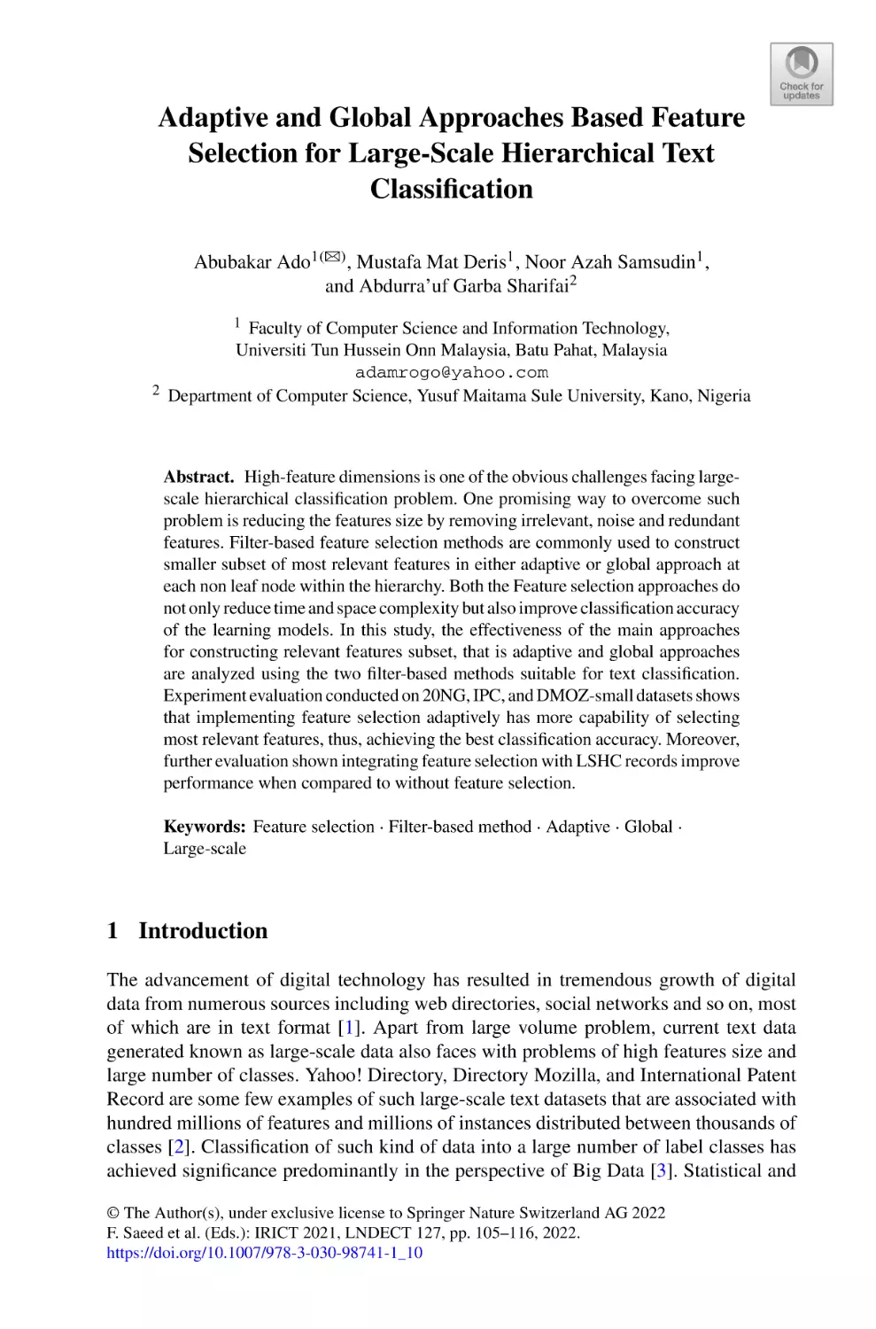 Adaptive and Global Approaches Based Feature Selection for Large-Scale Hierarchical Text Classification
1 Introduction