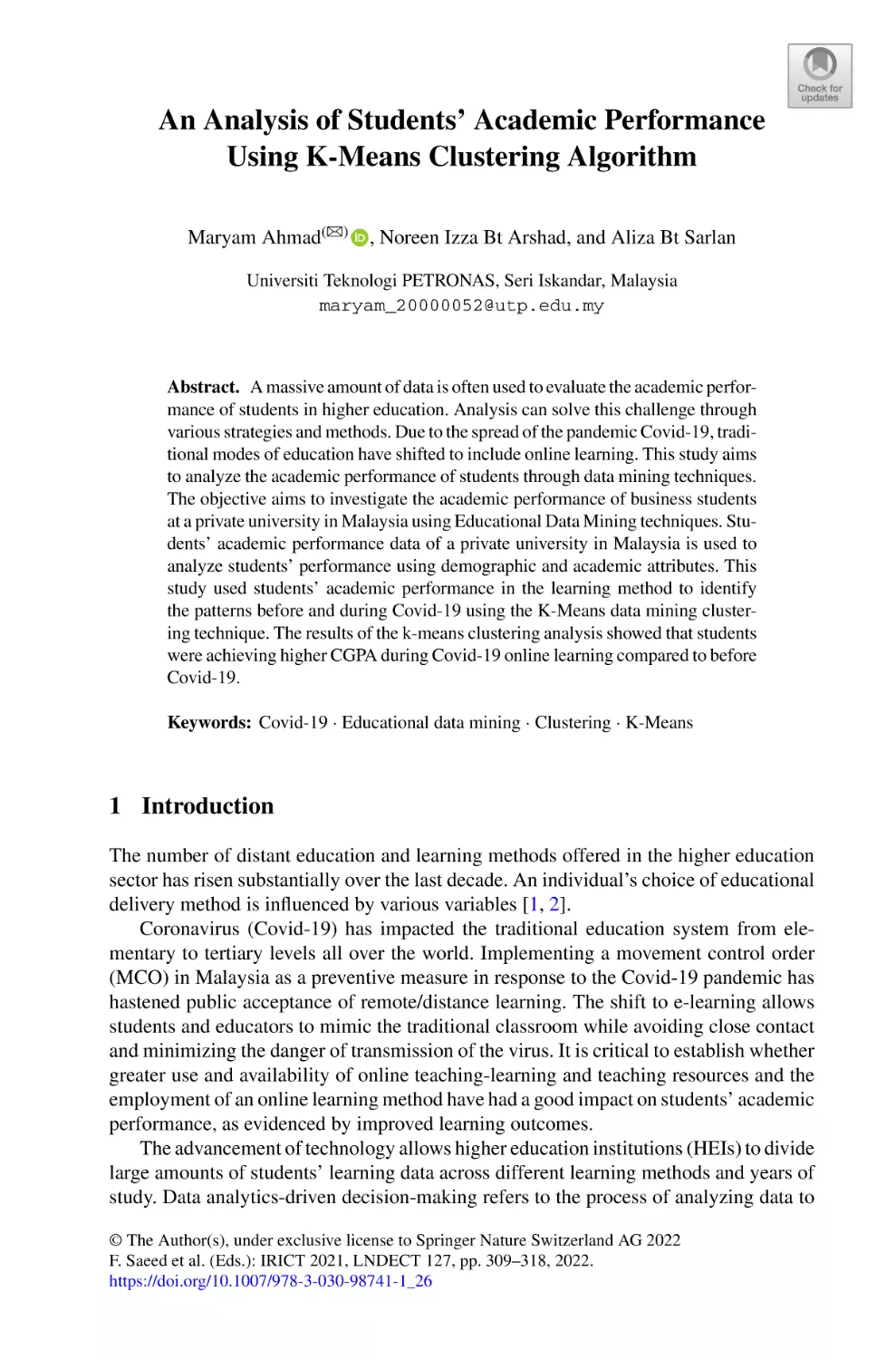 An Analysis of Students’ Academic Performance Using K-Means Clustering Algorithm
1 Introduction