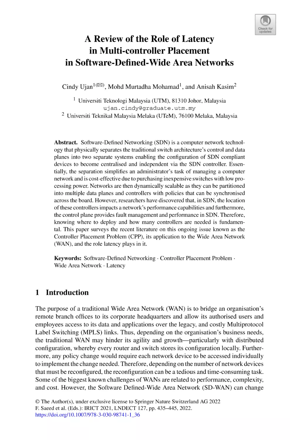 A Review of the Role of Latency in Multi-controller Placement in Software-Defined-Wide Area Networks
1 Introduction