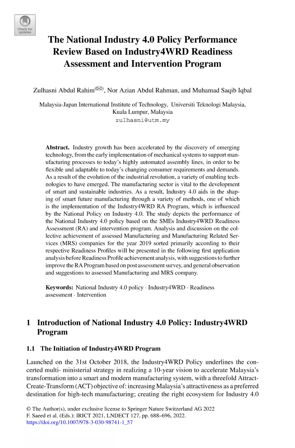 The National Industry 4.0 Policy Performance Review Based on Industry4WRD Readiness Assessment and Intervention Program
1 Introduction of National Industry 4.0 Policy
1.1 The Initiation of Industry4WRD Program