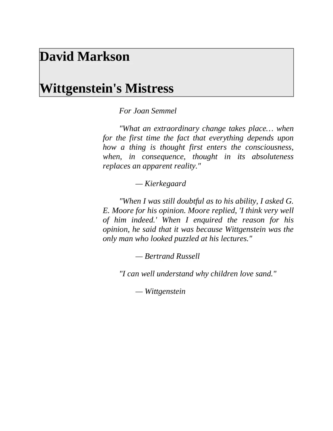 David Markson Wittgenstein's Mistress