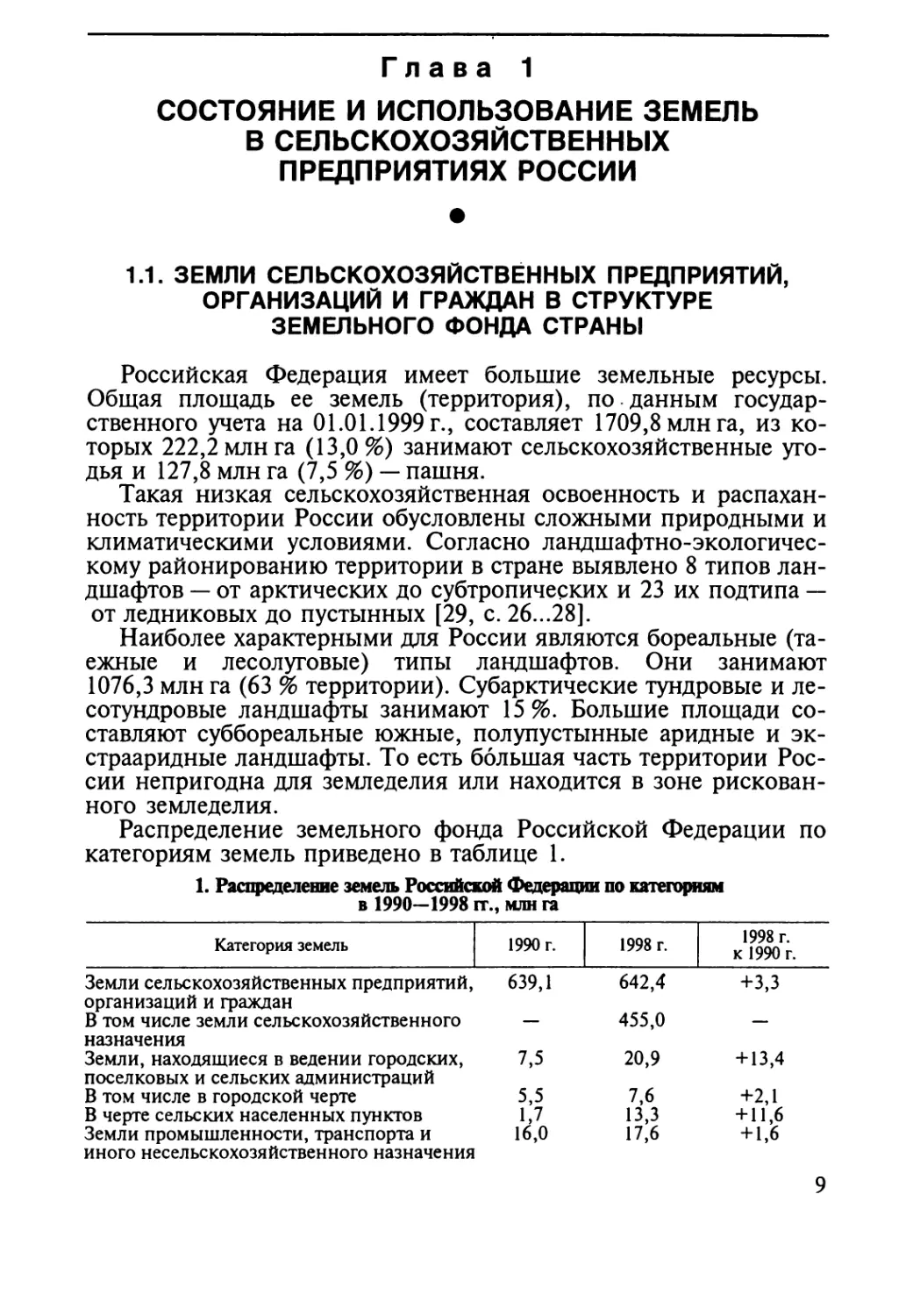 Глава 1. Состояние и использование земель в сельскохозяйственных предпри¬ятиях России