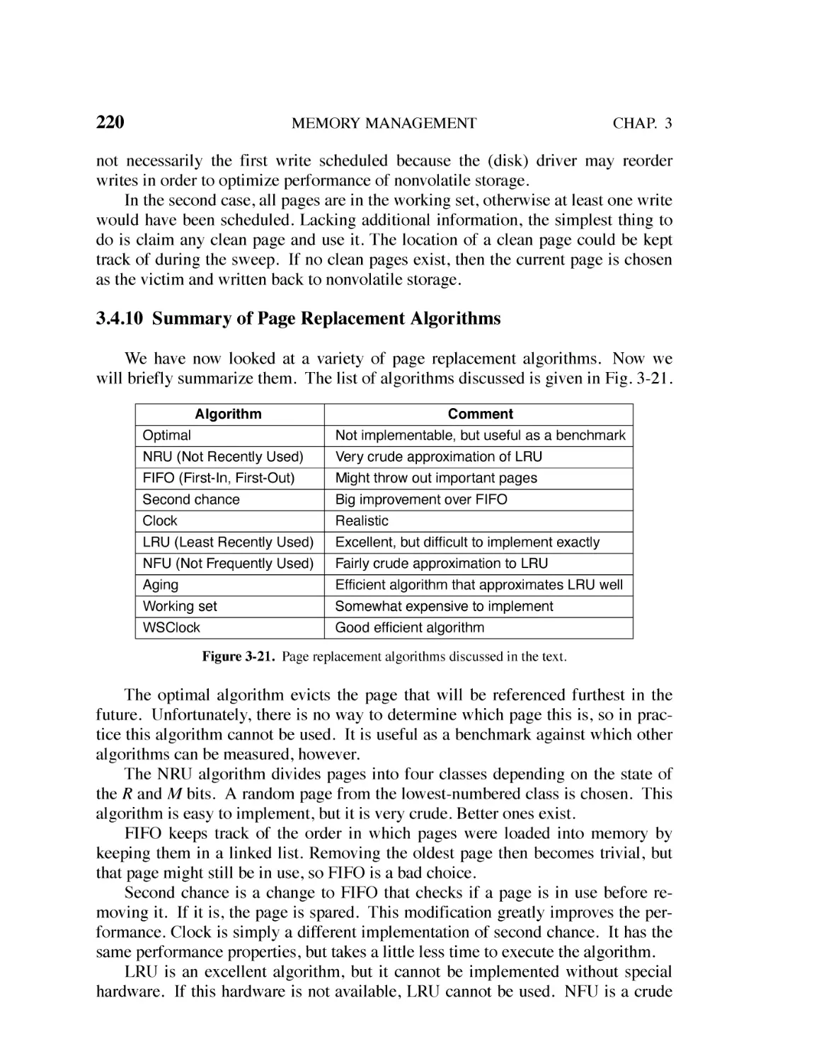 3.4.10 Summary of Page Replacement Algorithms