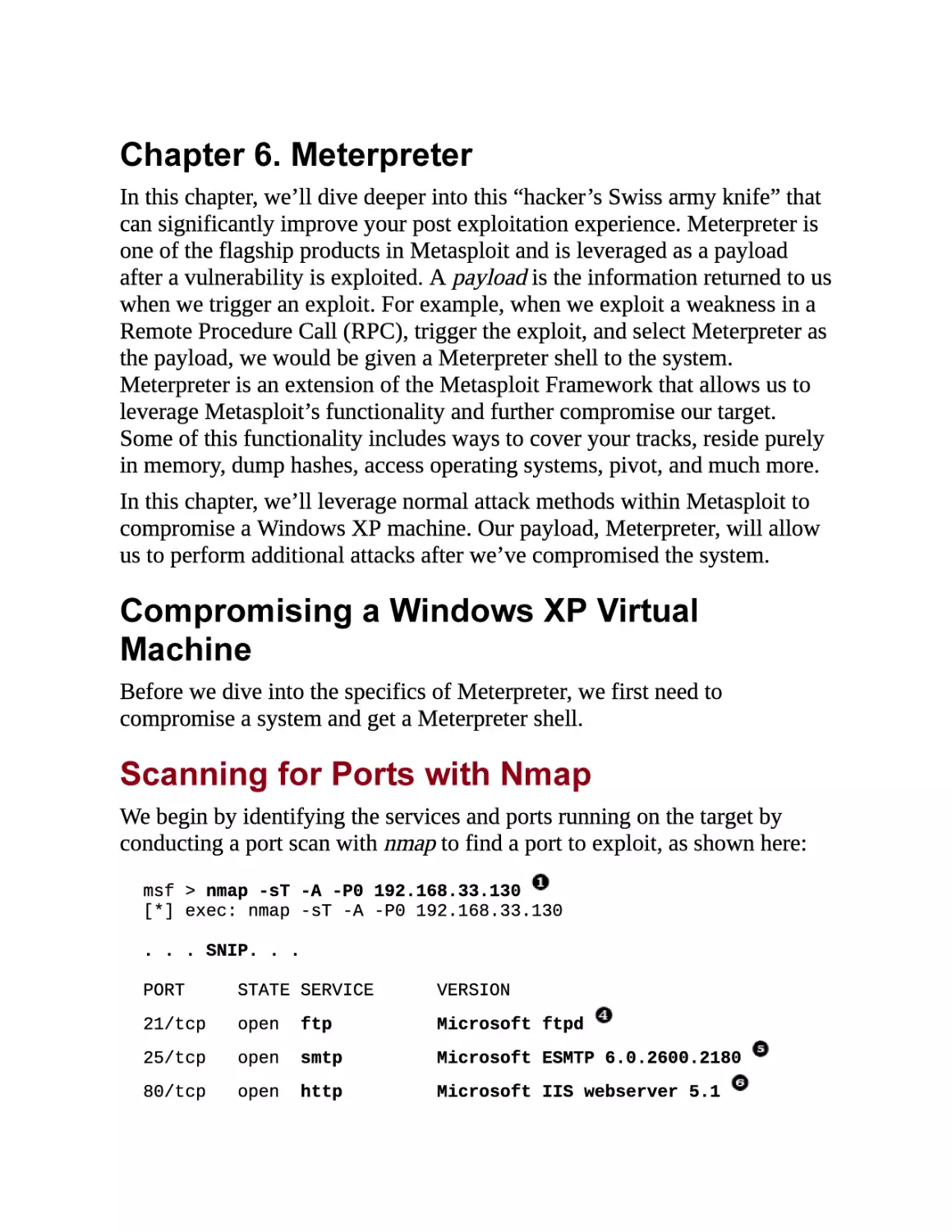 6. Meterpreter
Compromising a Windows XP Virtual Machine
Scanning for Ports with Nmap