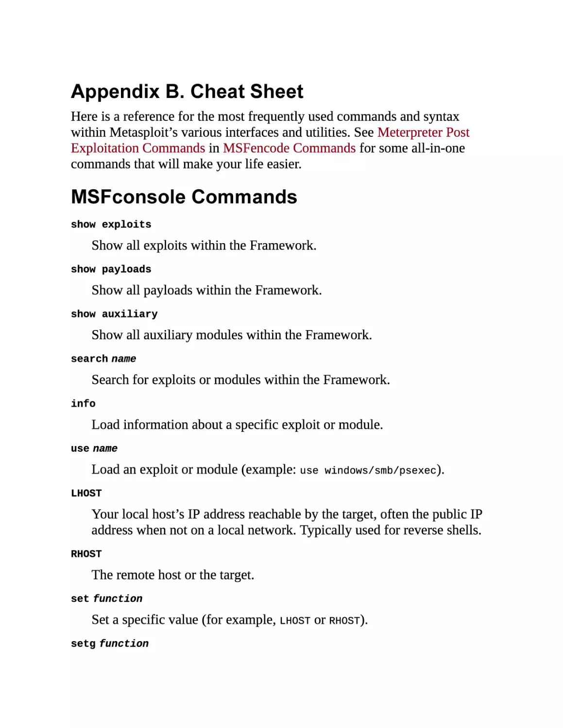 B. Cheat Sheet
MSFconsole Commands