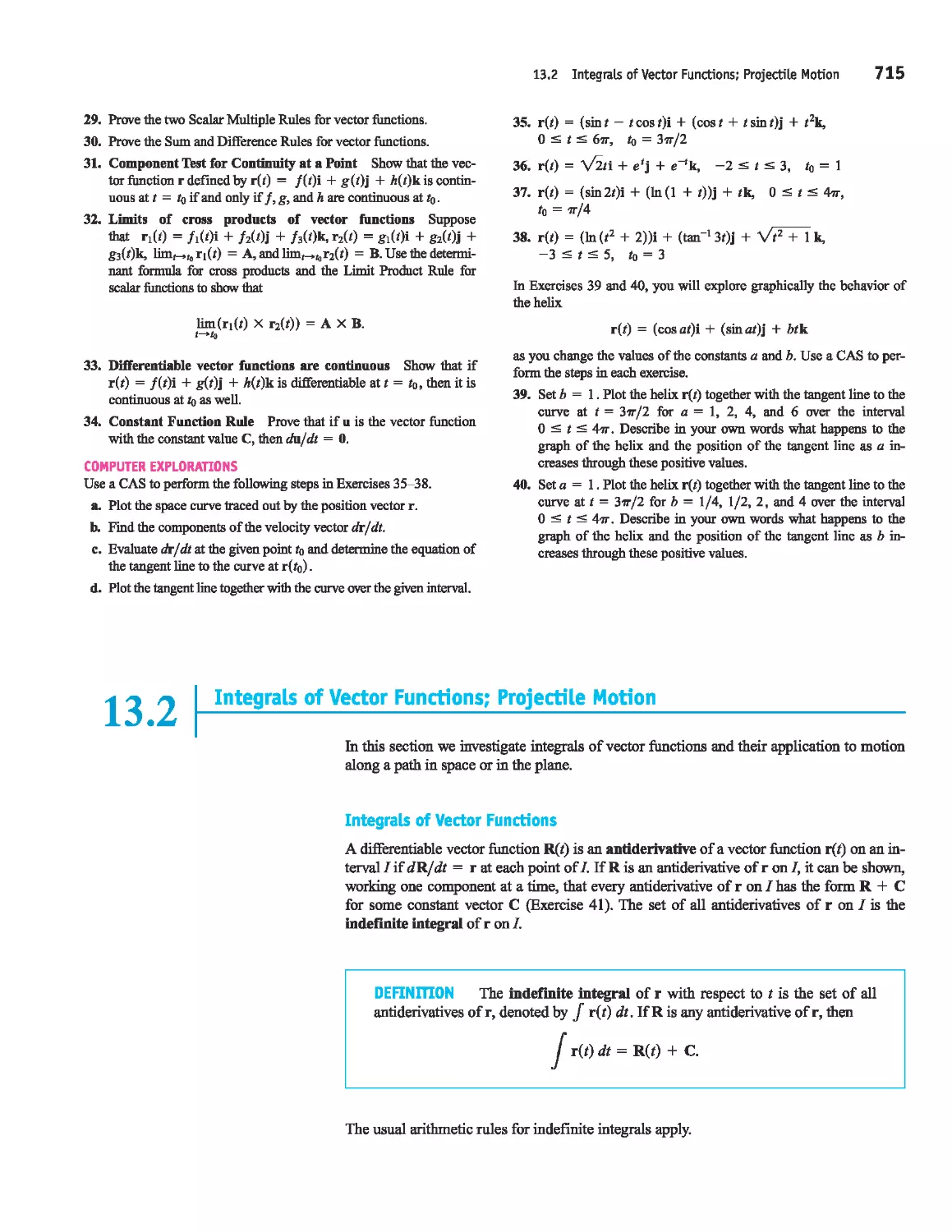 13.2 - Integrals of Vector Functions; Projectile Motion