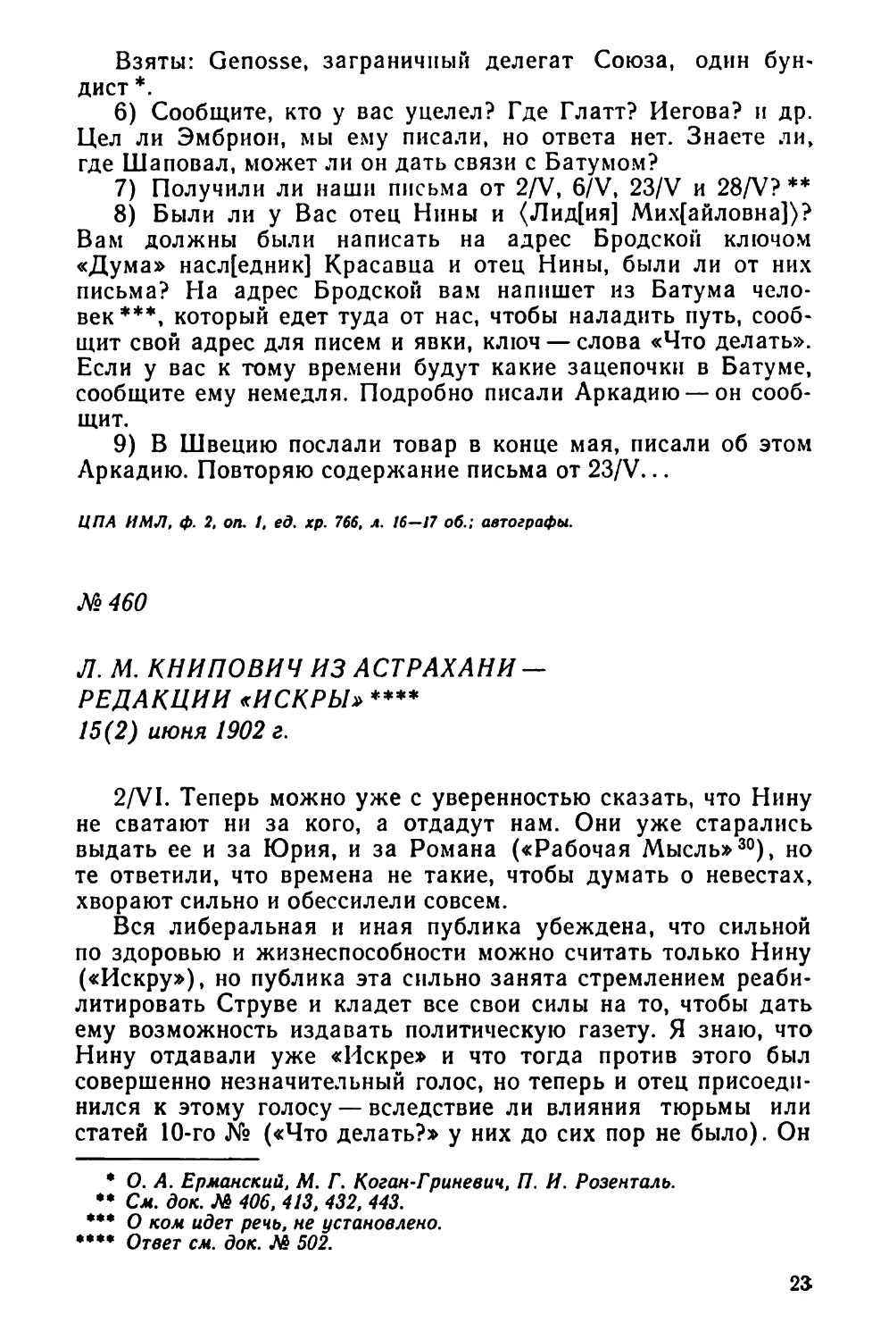 № 460 Л. М. Книпович из Астрахани — редакции «Искры». 15 июня