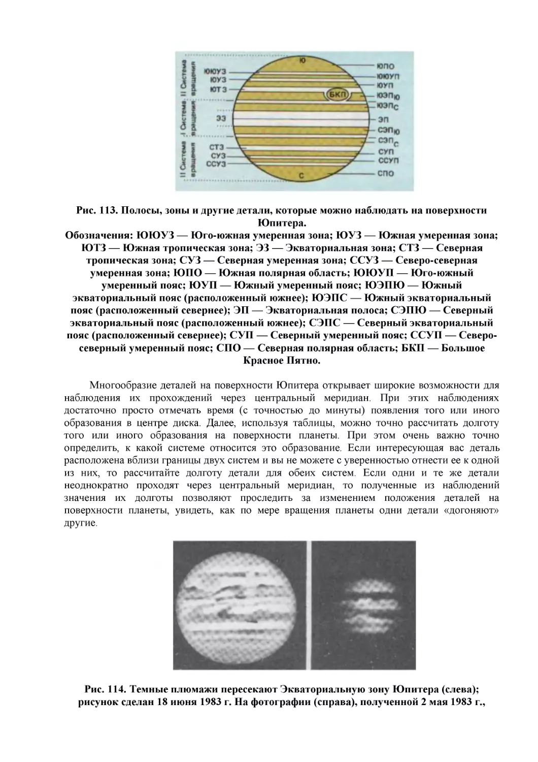 Рис. 113. Полосы, зоны и другие детали, которые можно наблюдать на поверхности Юпитера.
Обозначения
Рис. 114. Темные плюмажи пересекают Экваториальную зону Юпитера (слева); рисунок сделан 18 июня 1983 г. На фотографии (справа), полученной 2 мая 1983 г., заметно смещение плюмажей относительно Большого Красного Пятна.