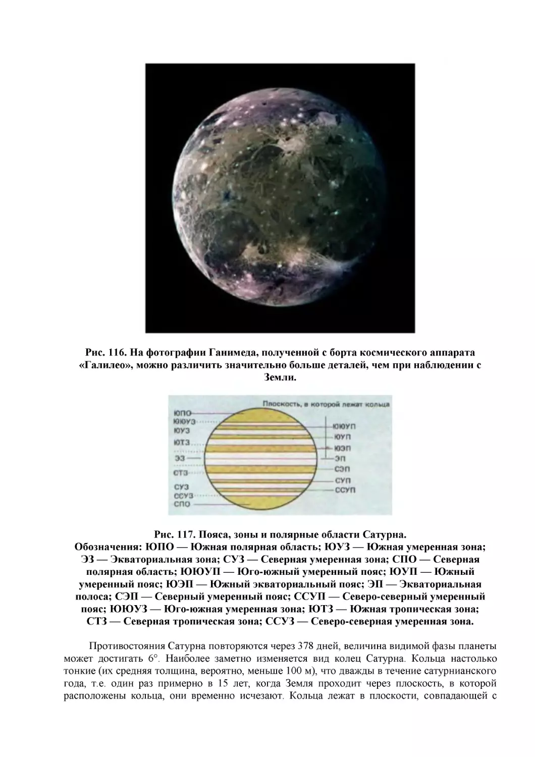 Рис. 116. На фотографии Ганимеда, полученной с борта космического аппарата «Галилео», можно различить значительно больше деталей, чем при наблюдении с Земли.
Рис. 117. Пояса, зоны и полярные области Сатурна.
Обозначения