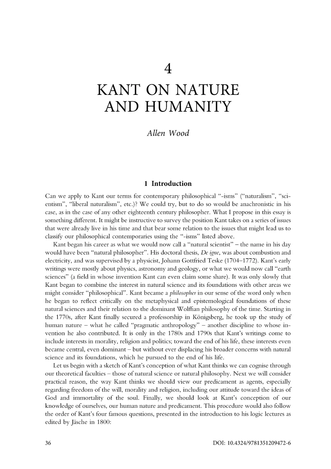 4. Kant on nature and humanity
1. Introduction