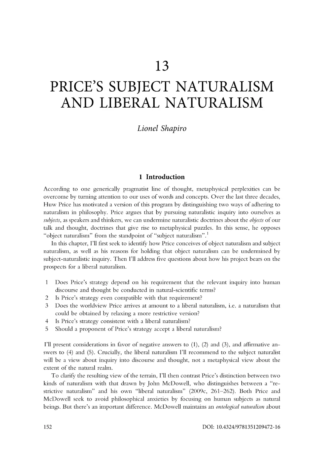 13. Price's subject naturalism and liberal naturalism
1. Introduction