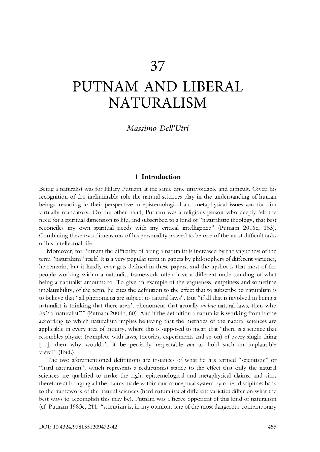 37. Putnam and liberal naturalism
1. Introduction