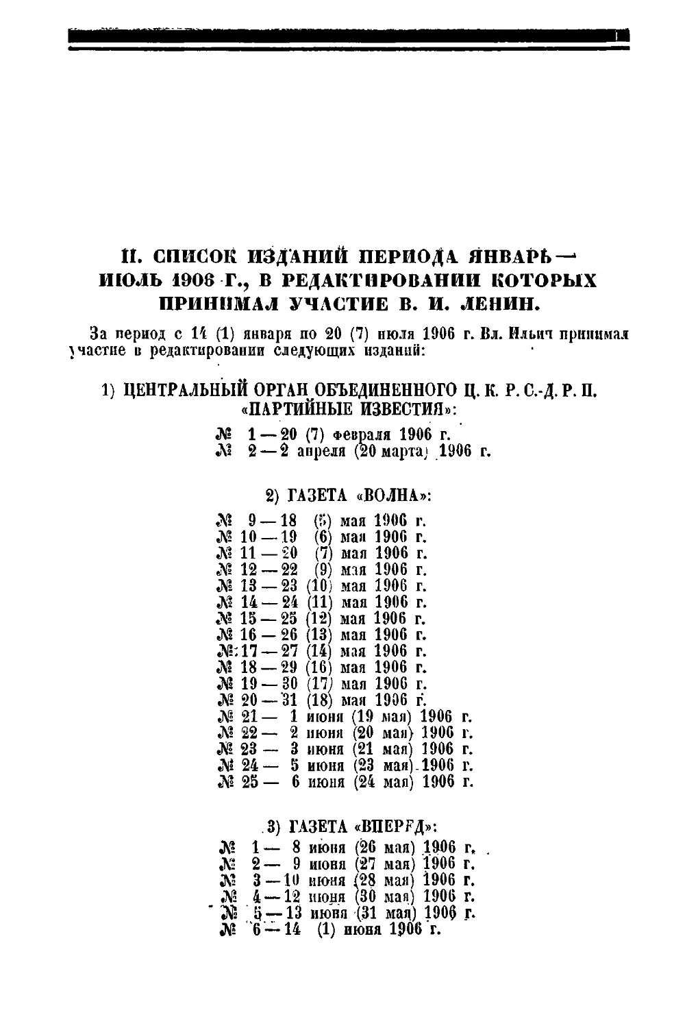 II. Список изданий периода январь — июль 1906 г., в редактировании которых принимал участие В. И. Ленин