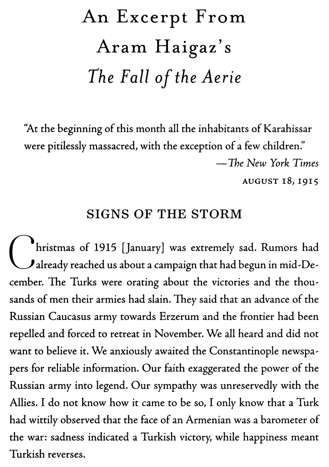 An Excerpt From Aram Haigaz's The Fall of the Aerie