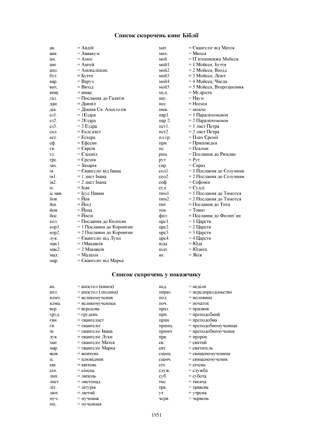 Список скорочень книг Біблії
Список скорочень у покажчику