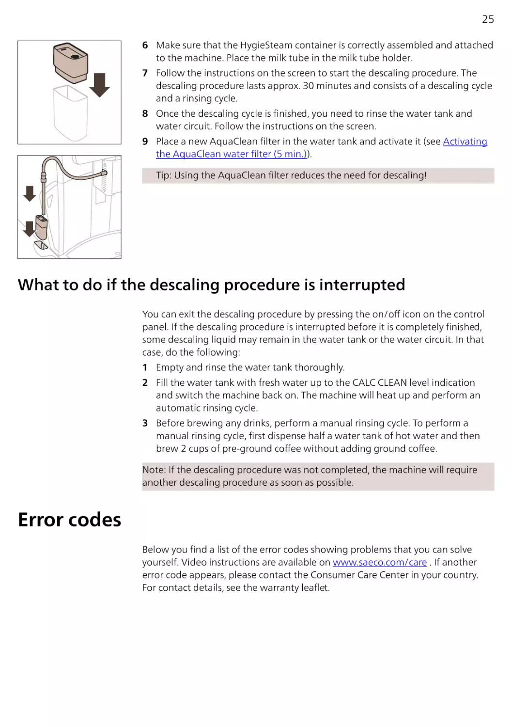 What to do if the descaling procedure is interrupted
Error codes