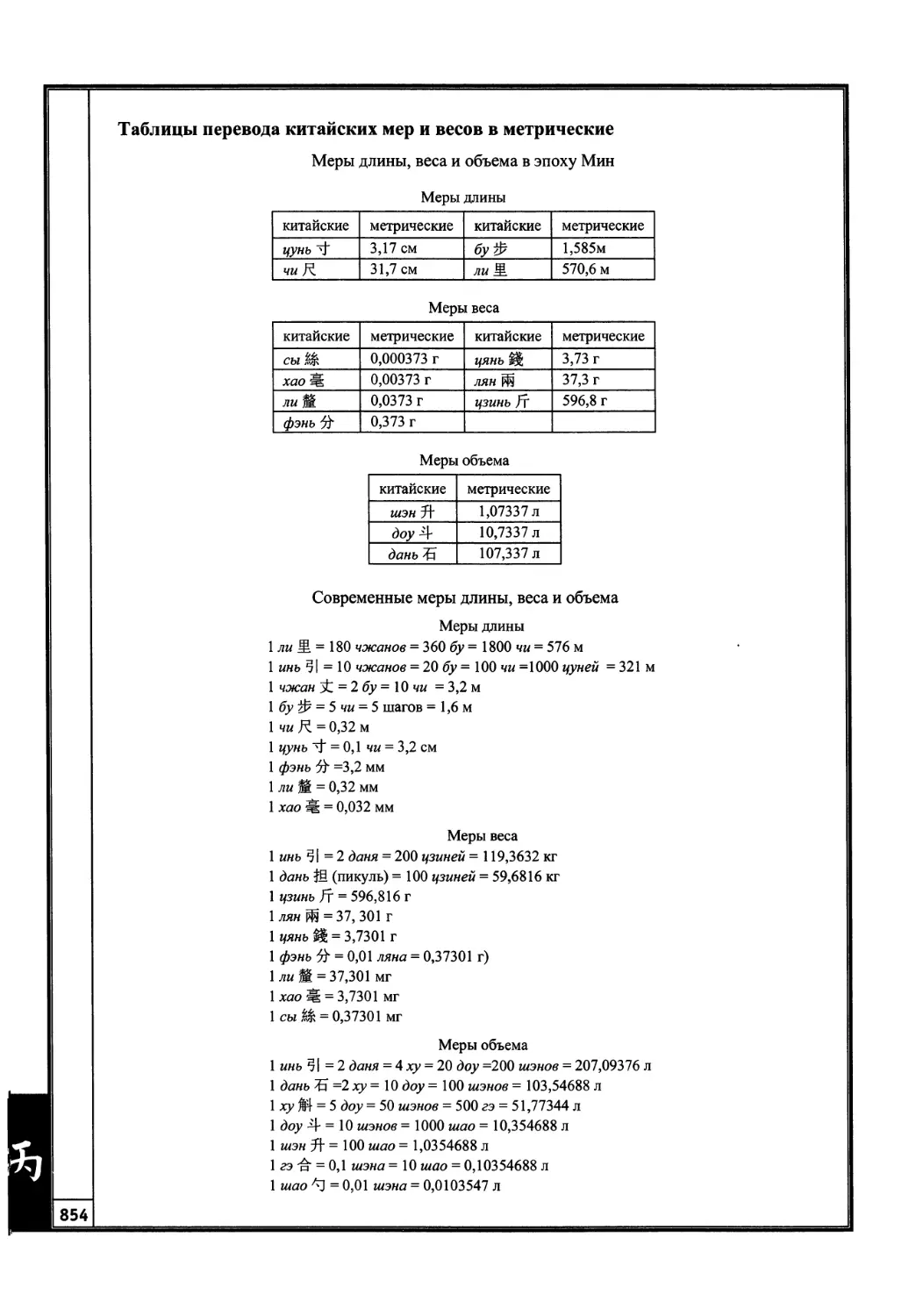 Таблицы перевода китайских мер и весов в метрические
