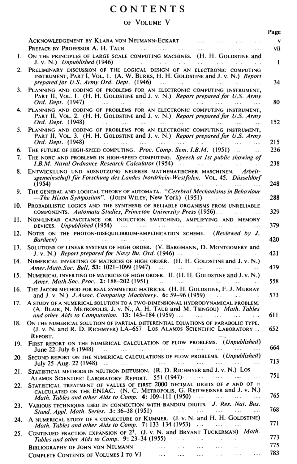 CONTENTS OF VOLUME V