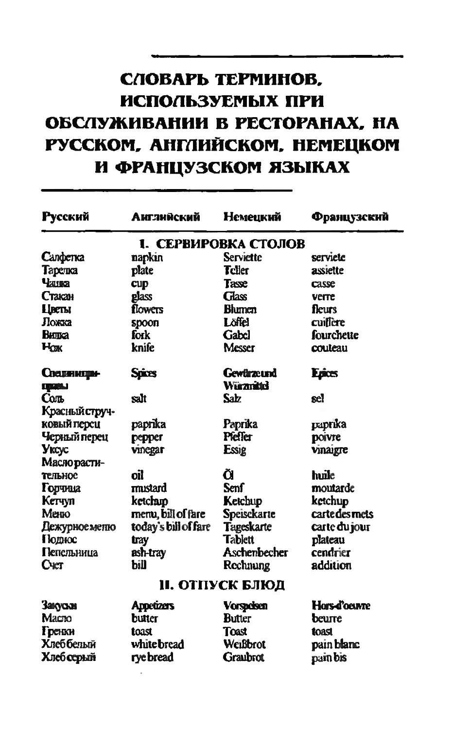 Словарь терминов, используемых при обслуживании в ресторанах, на русском, английском, немецком и французском языках
