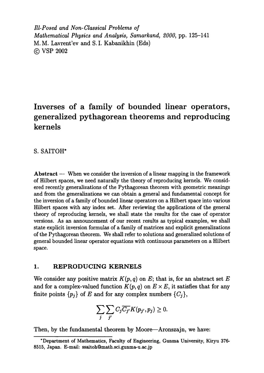 Inverses of a family of bounded linear operators, generalized pythagorean theorems and reproducing kernels