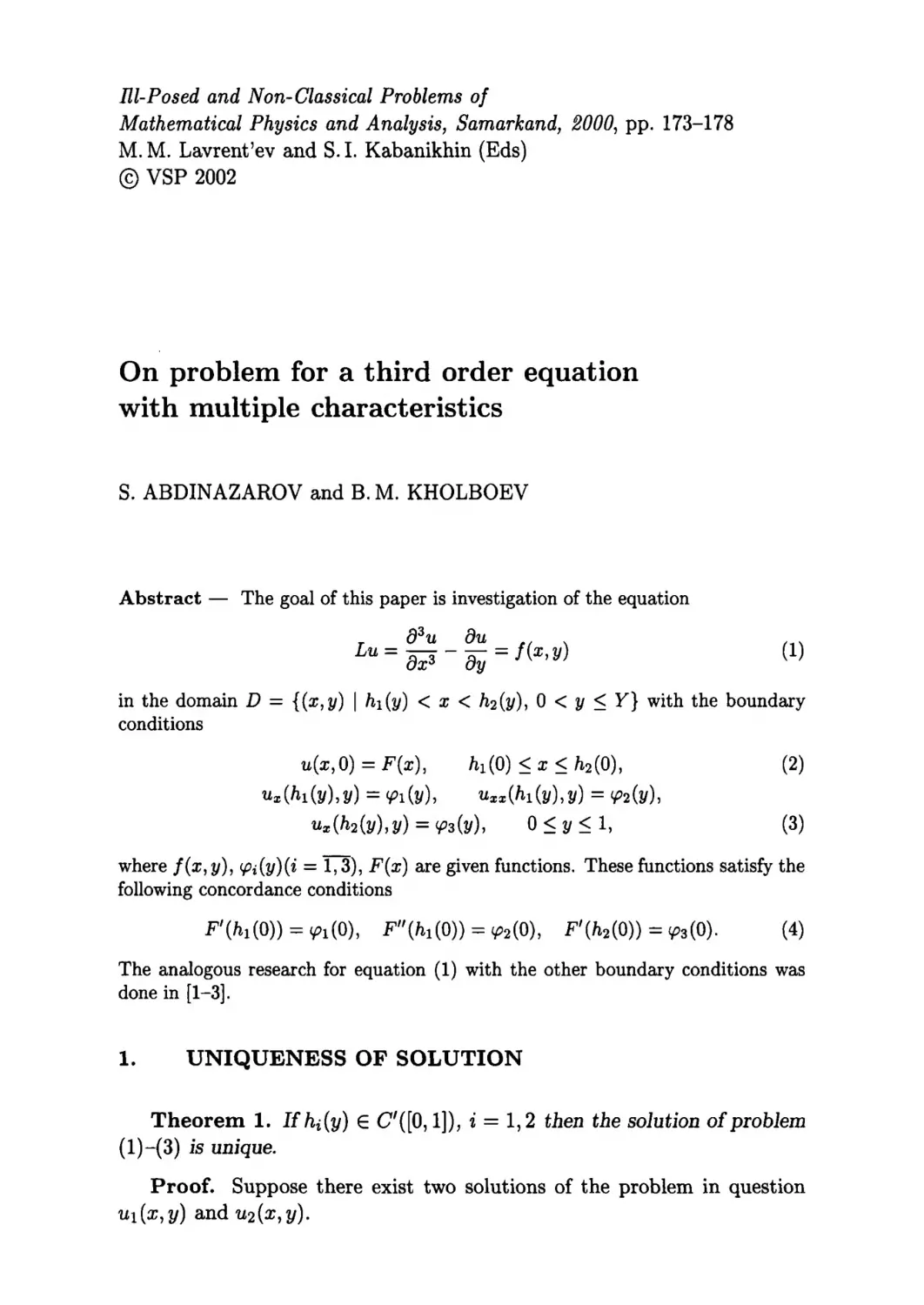 CONTRIBUTED PAPERS
On problem for a third order equation with multiple characteristics