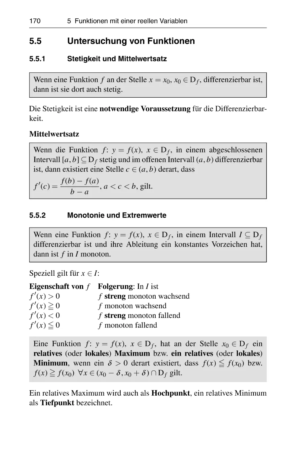 5.5 Untersuchung von Funktionen
5.5.1 Stetigkeit und Mittelwertsatz
5.5.2 Monotonie und Extremwerte