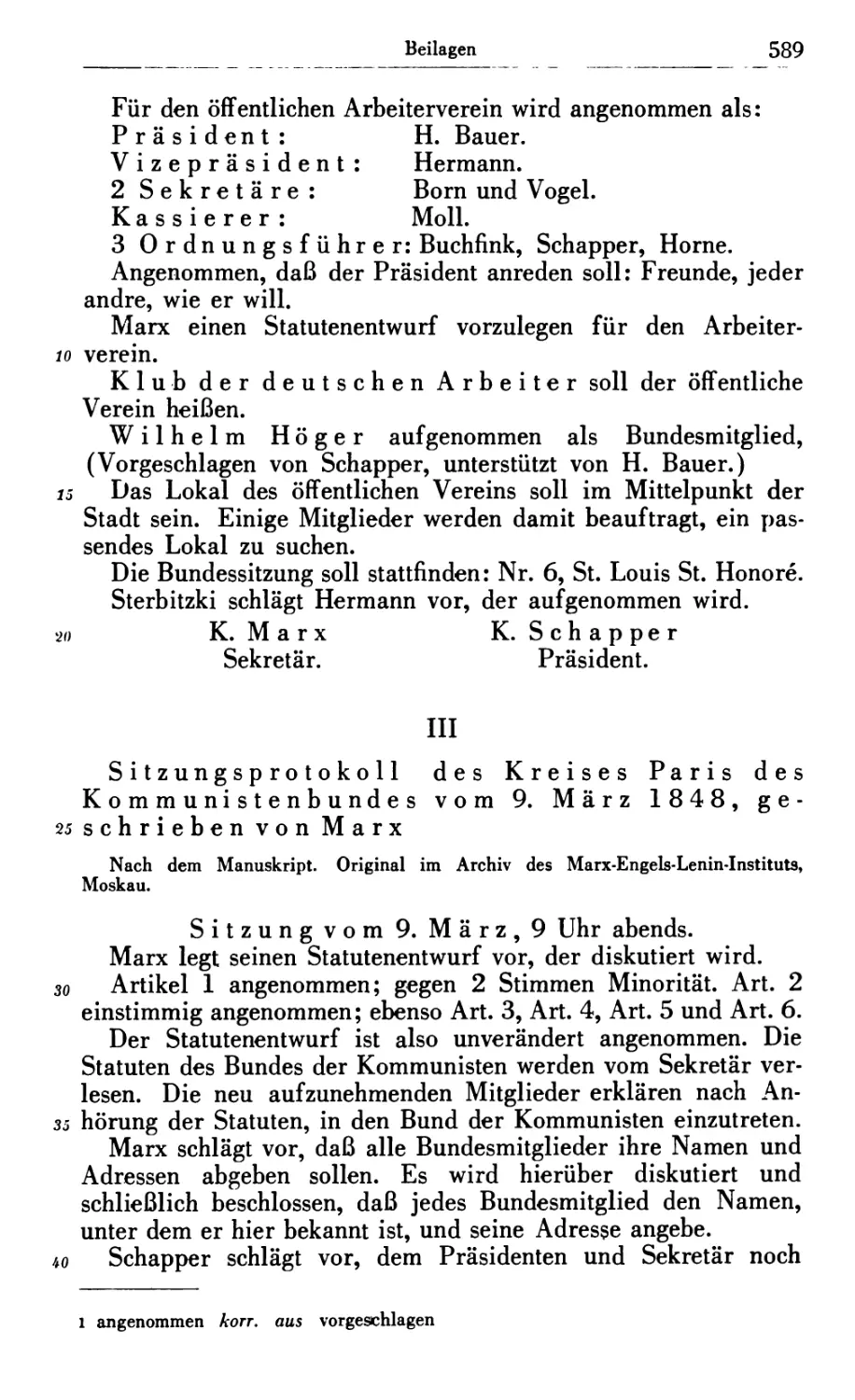 III. Sitzungsprotokoll des Kreises Paris des Kommunistenbundes vom 9. März 1848, geschrieben von Marx